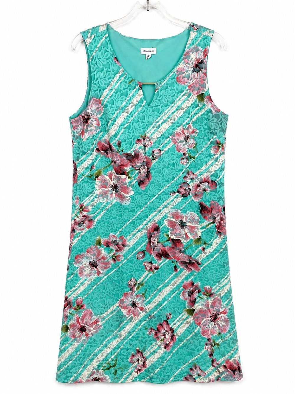 Chole + Rene Floral Sleeveless Dress Teal Pink Keyhole Neck A-Line Size XL - Picture 2 of 12